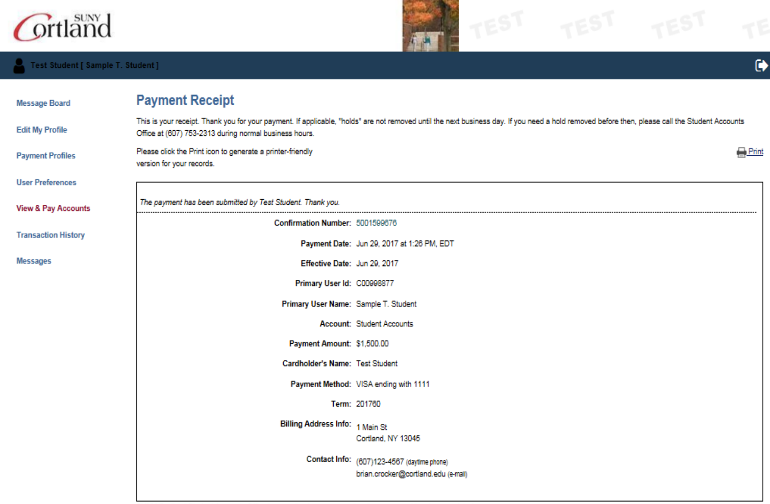 Screenshot of Payment Receipt screen with overview of payment details and an option to print the receipt. 