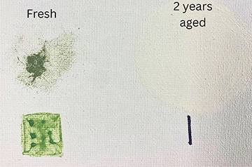 A comparison of Iris Green when its fresh and when it's faded with time.