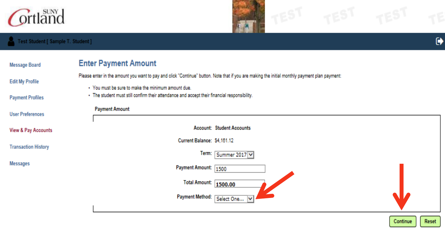 Screenshot of the View & Pay Accounts page, with arrows pointing to a dropdown to select a Payment Method and a Continue button 