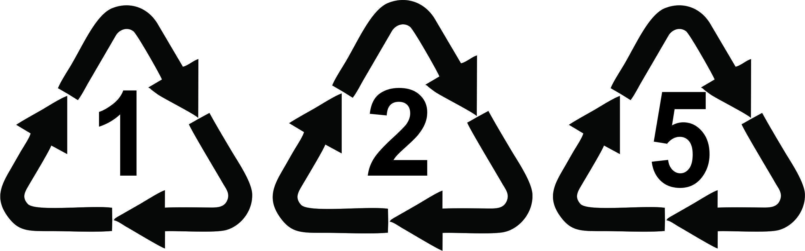 Symbol for type 1, 2 and 5 plastics. Three chasing arrow symbols in a triangle shape with the numbers 1, 2 and 5 in the center