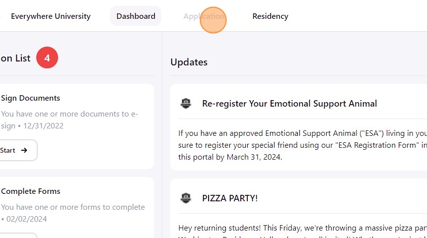 An image showing where to click on the application button in the housing portal. 