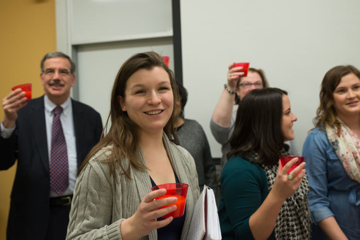 Students drinking thickened liquid to increase awareness of dysphagia