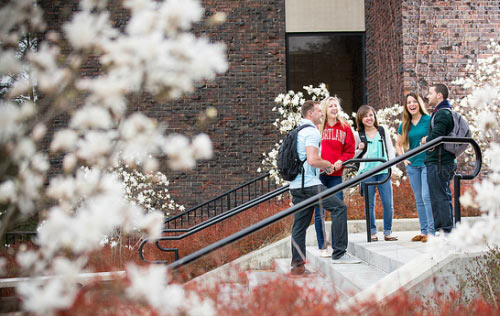 Students talking on steps of Corey Union 