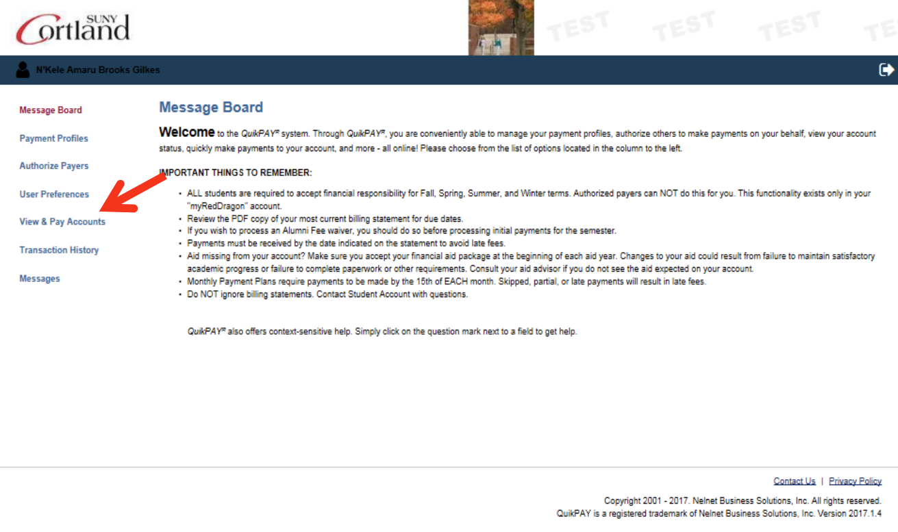 Screenshot of the Message Board page with an arrow pointing to the "View & Pay Accounts" link on the right side