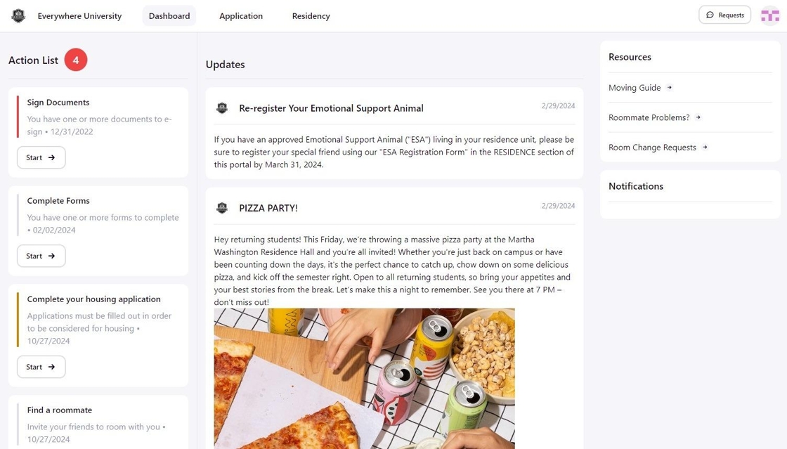 Image showing a logged in resident portal on the housing portal. 