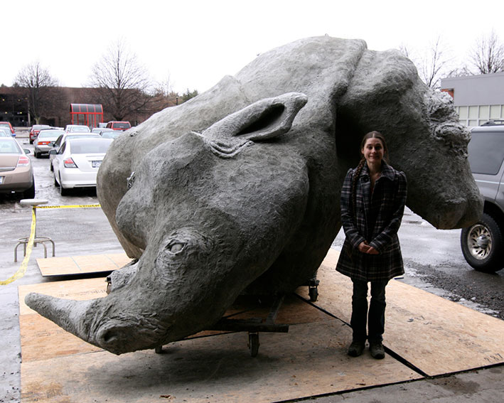 Student with Rhino sculpture