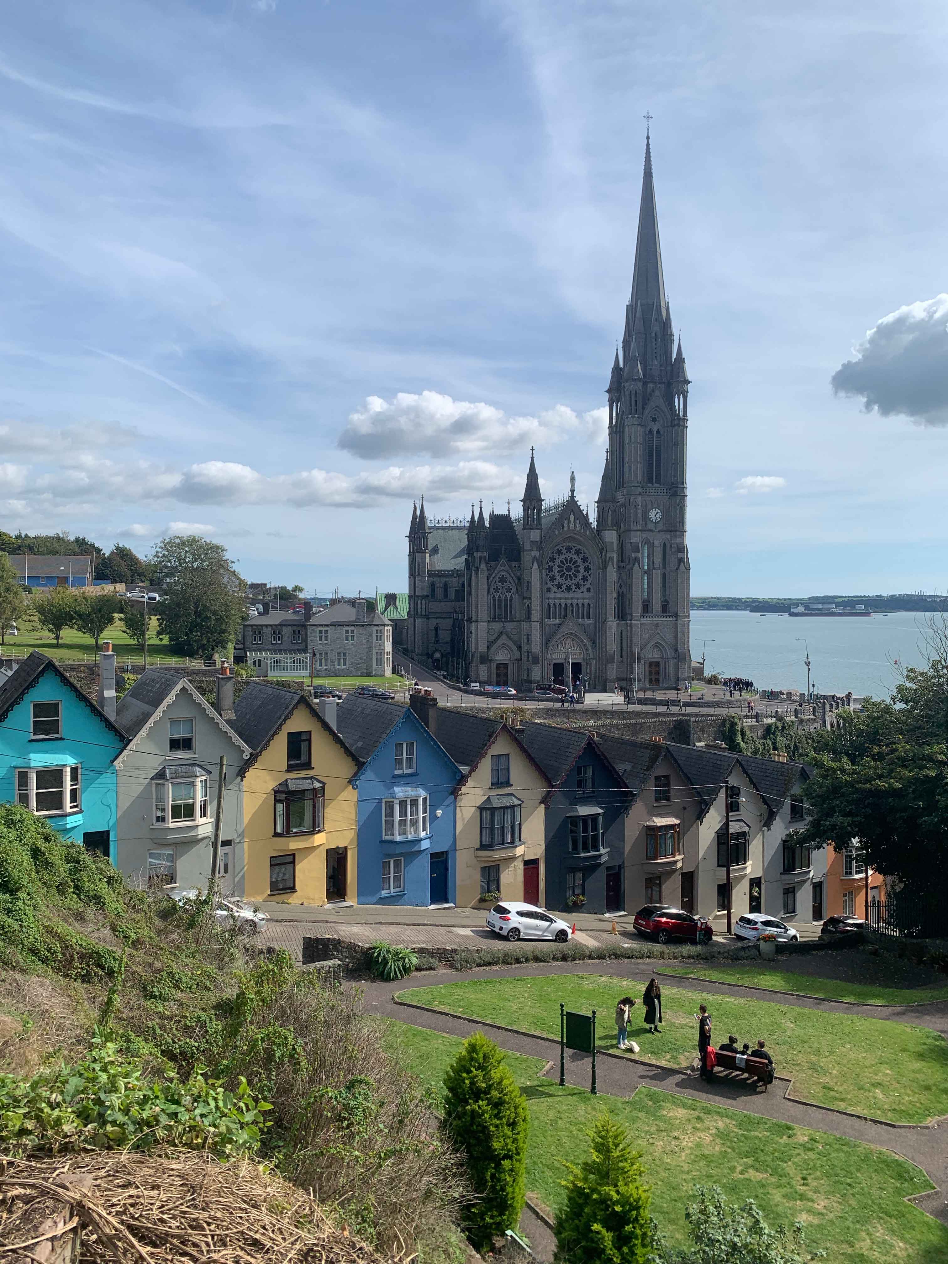 Row of houses and large church in Cobh, Ireland