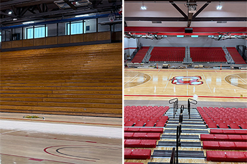 Left: Bleachers in the old Corey Gymnasium. Right: The gym's newly installed seating.