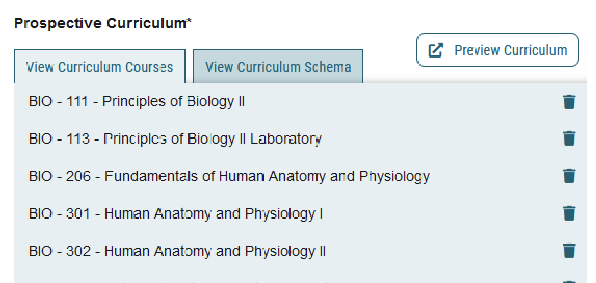 Screenshot of Prospective Curriculum options, including View Curriculum Courses, View Curriculum Schema and Preview Curriculum