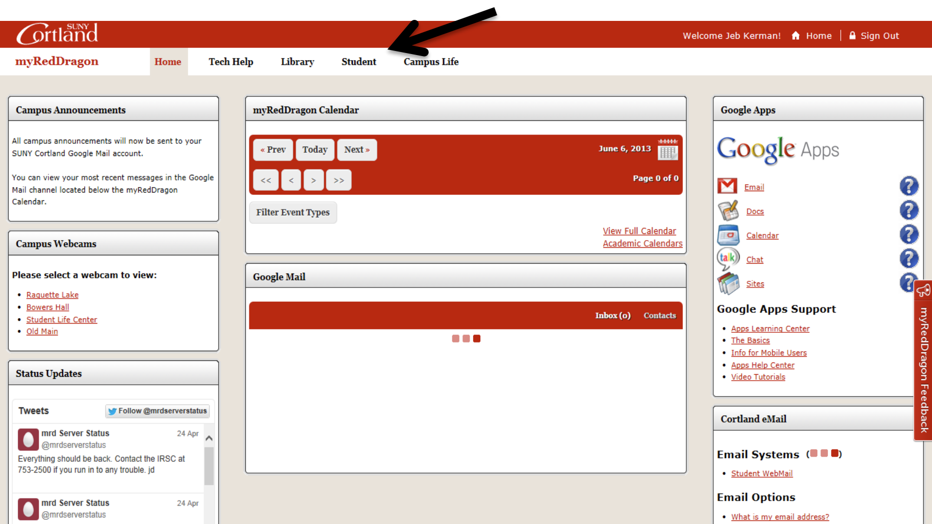 Screenshot of myRedDragon dashboard with an arrow pointing to the Student tab at the top of the page