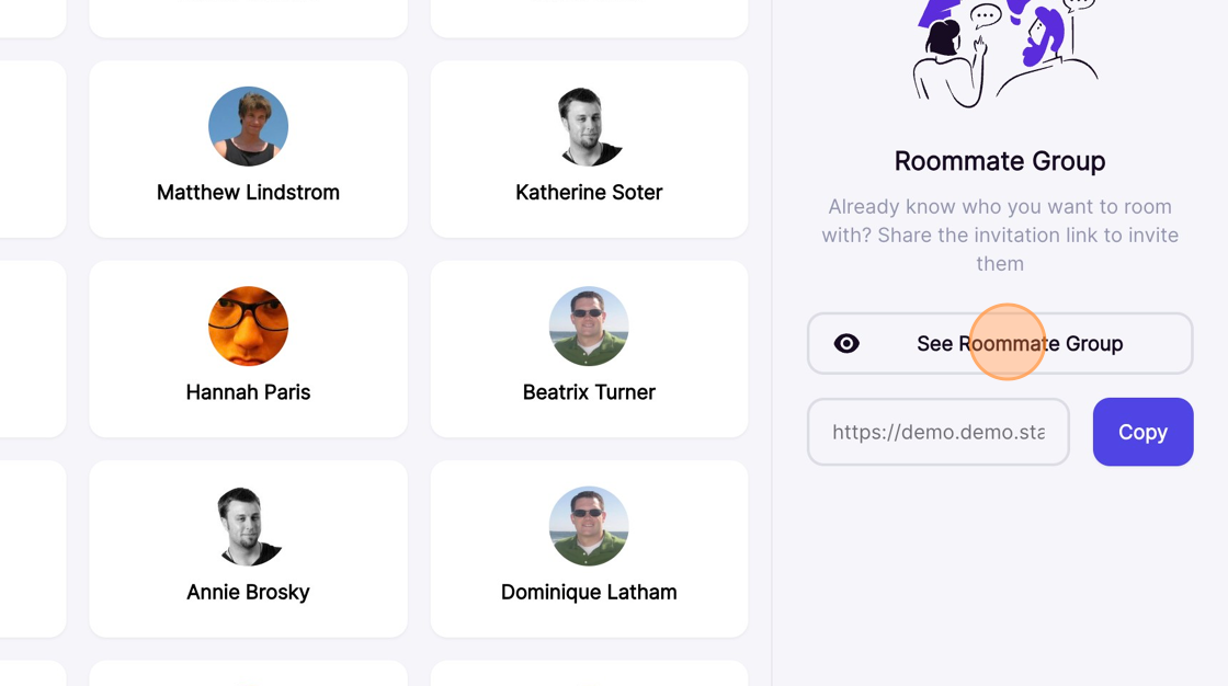 image showing where to click the see roommate group button in the housing portal.