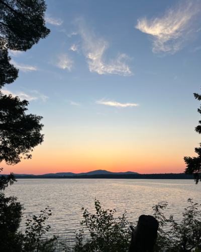 Sunset over a lake with calm water, distant rolling hills, and a pastel sky, framed by dark tree silhouettes in the foreground.