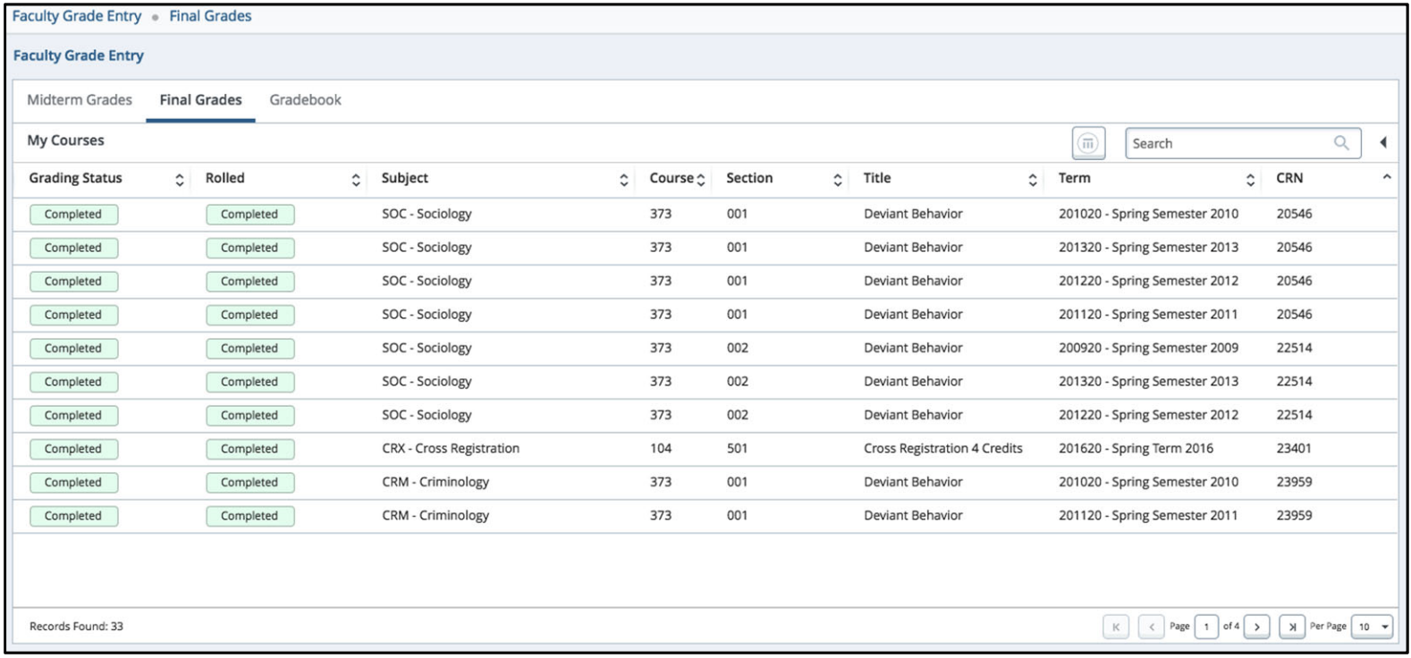 Faculty Grade Entry course overview listing