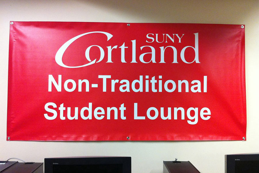 Red banner reading "SUNY Cortland Non-Traditional Student Lounge"