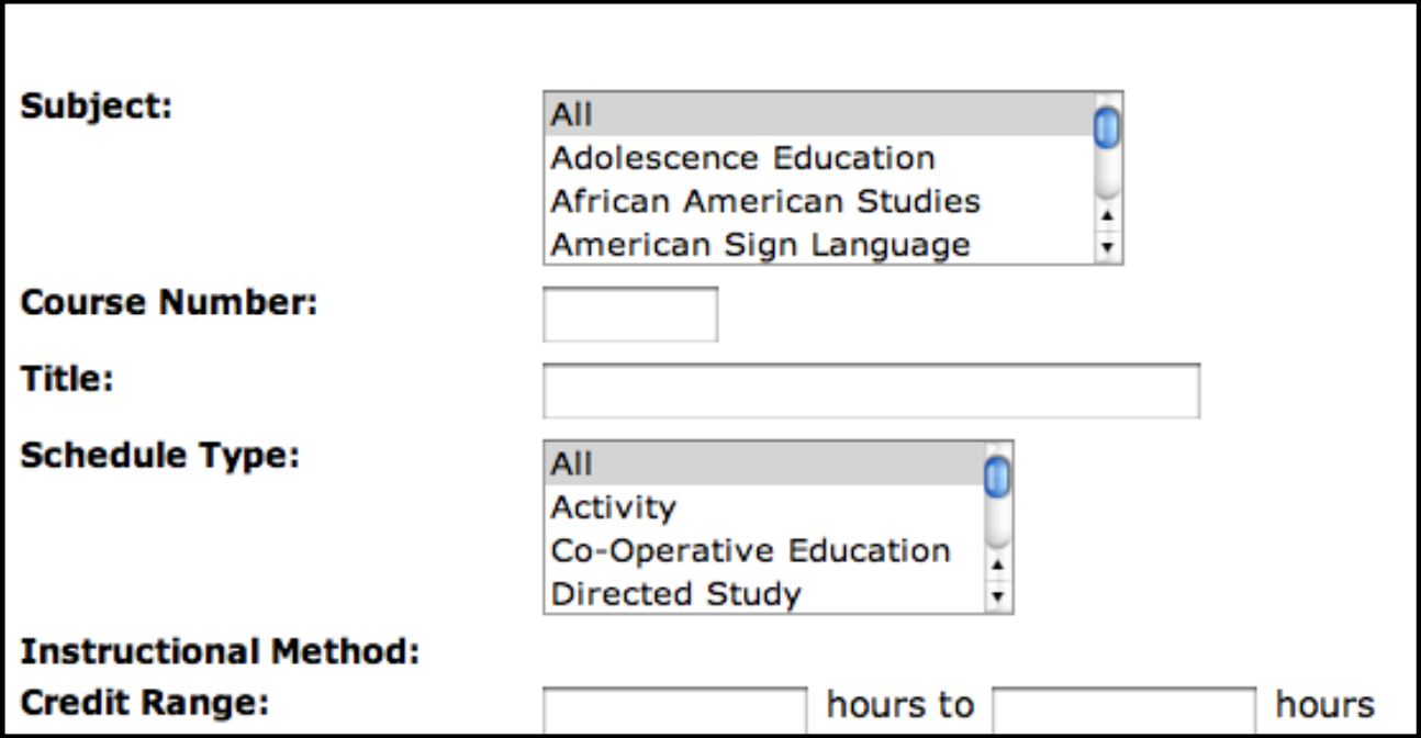 Screenshot of the attributes and search fields for course searches, including Subject, Course Number, Title, Schedule Type, Instructional Method, and Credit Range
