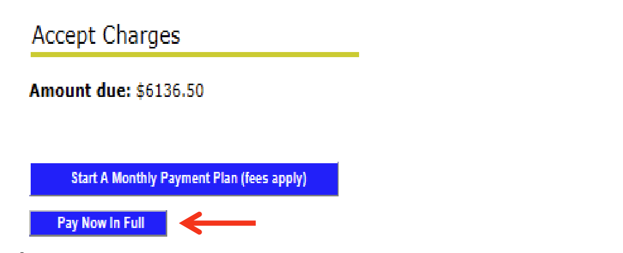 Screenshot of Accept Charges page with an arrow pointing to the "Pay Now In Full" button