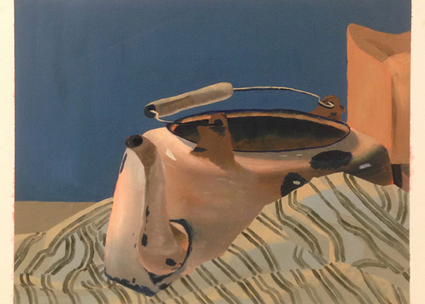 A painting of a teapot sitting in striped fabric