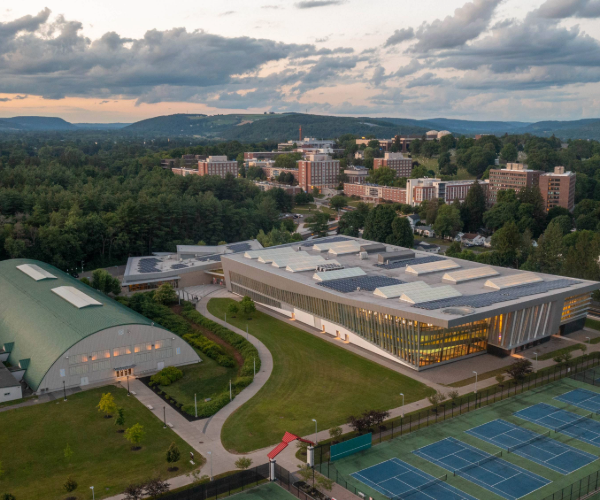 Aerial of Student Life Center, bioswale and field house