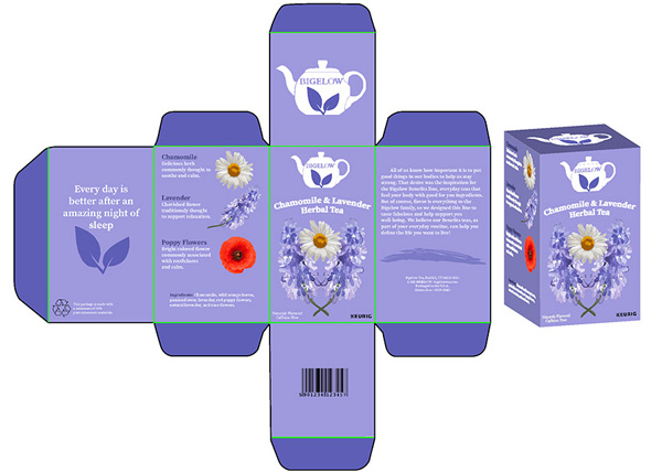 Graphic design of a purple lavender and chamomile tea box