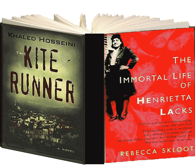 Books covers for The Kite Runner and The Immortal Life of Henrietta Lacks