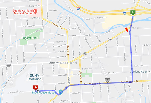 Traffic map with directions from I-81 Exit 11 to campus due to construction along Clinton Avenue