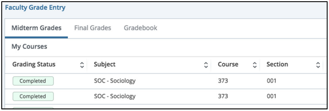 Faculty Grade Entry midterm grades tab