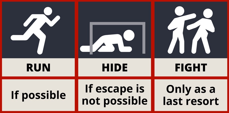 An image with text reading "Run if possible, Hide if escape is not possible, Fight only as a last resort"