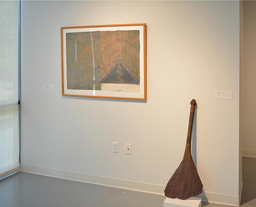 Works by Curtis Rhodes and Elizabeth Kronfield on display at the Dowd Gallery, SUNY Cortland, as part of the “Artists as Collectors” exhibition.