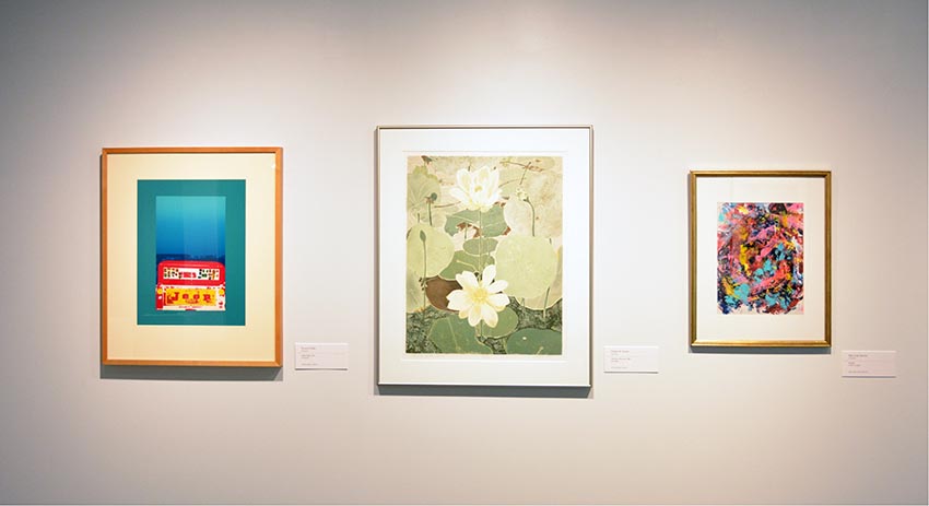 Works by Bruce Childs, Robert B. Green and Maryrose Savino on display at the Dowd Gallery, SUNY Cortland, as part of the “Artists as Collectors” exhibition. 