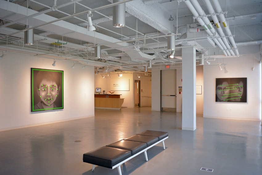 A view into the central gallery featuring two oversized acrylic paintings by the BFA candidate Stephen Buscemi.