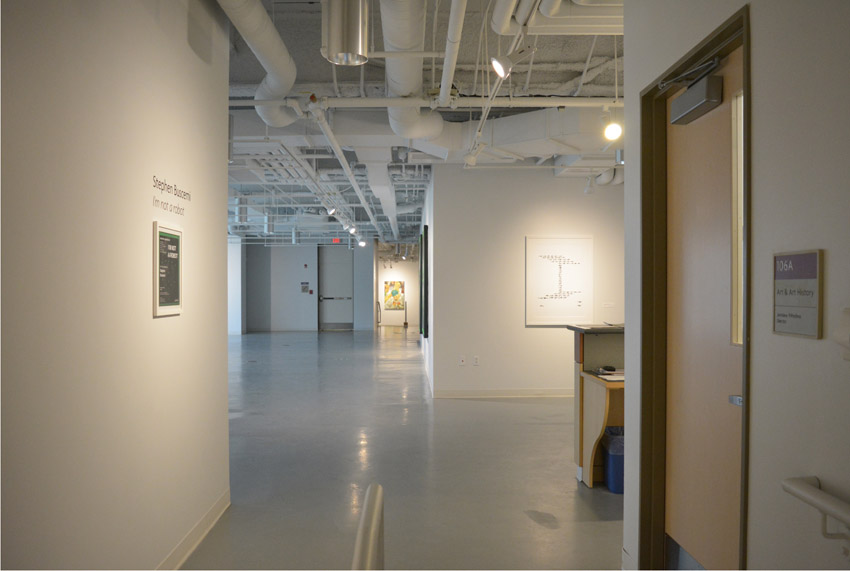 A view into the gallery featuring works by the BFA candidates Stephen Buscemi and Samantha Reali.
