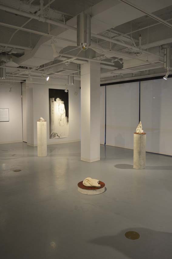 A view into the central gallery featuring Andrew Ellis Johnson's cultured marble sculptures and mixed media drawing on paper as part of the 'Founder' exhibition.