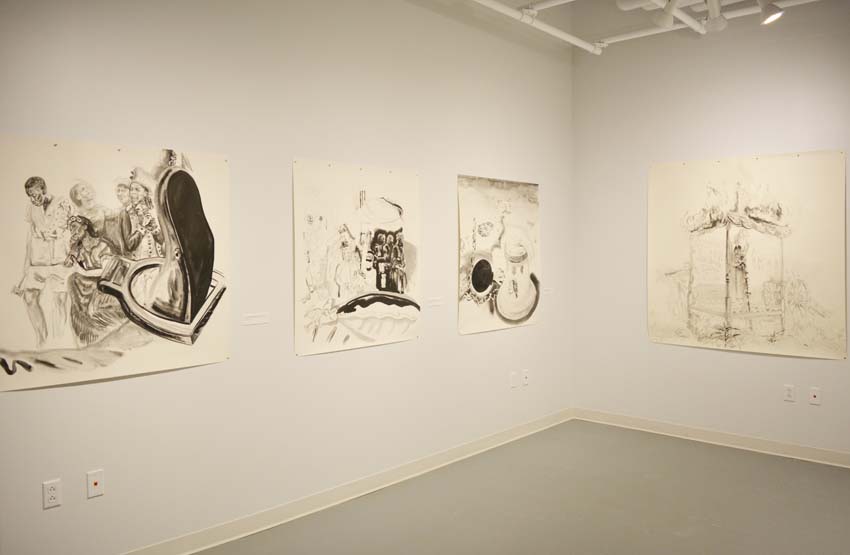 A view into the west gallery featuring Andrew Ellis Johnson's four works on paper as part of the 'Founder' exhibition.