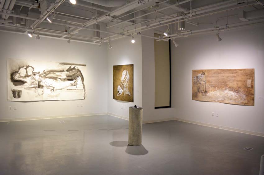 A view into the west gallery featuring Andrew Ellis Johnson's works on paper and a black cultured marble sculpture titled “Eternal Flames I” as part of the 'Founder' exhibition.