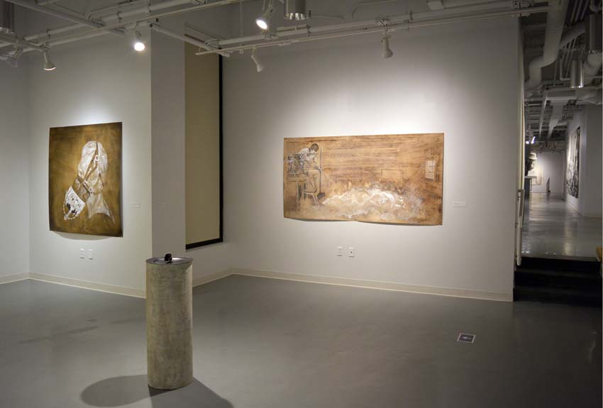 A view into the west and central gallery featuring Andrew Ellis Johnson's works on paper and two sculptures as part of the 'Founder' exhibition.