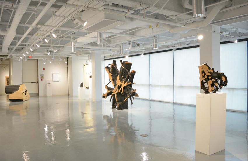View into the central gallery at Dowd Gallery featuring sculptural objects produced by Ithaca-based sculptor Jack Elliott.