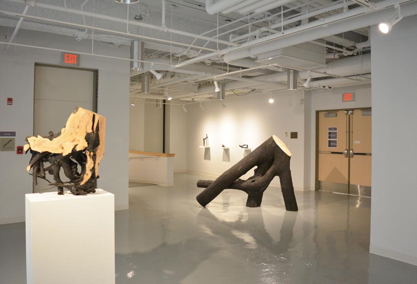 View into the central gallery at Dowd Gallery featuring sculptural objects produced by Ithaca-based sculptor Jack Elliott.