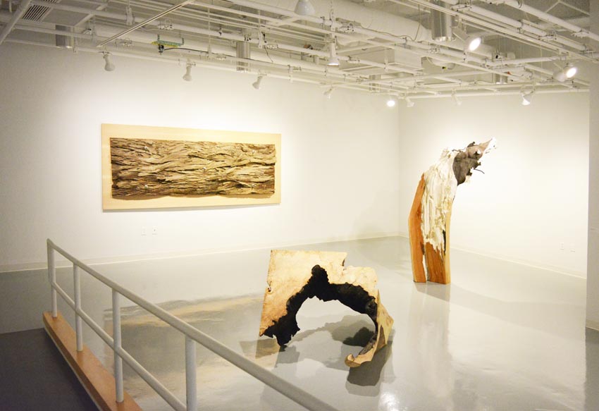 View into the west gallery at Dowd Gallery featuring three large sculptural objects produced by Ithaca-based sculptor Jack Elliott.