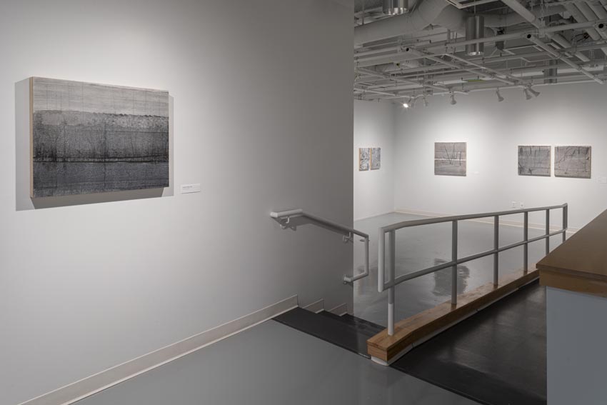 View into the central interior and east side of Dowd Gallery featuring small format drawings and paintings by Binghamton-based artist Natalija Mijatović. Image: Marcus Newton. 