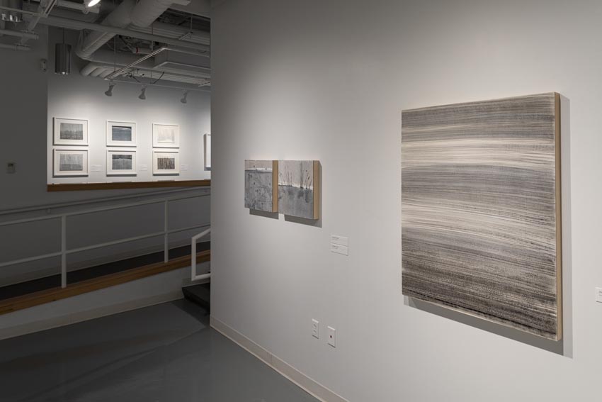 View into the central interior and east side of Dowd Gallery featuring small format drawings and paintings by Binghamton-based artist Natalija Mijatović. Image: Marcus Newton. 