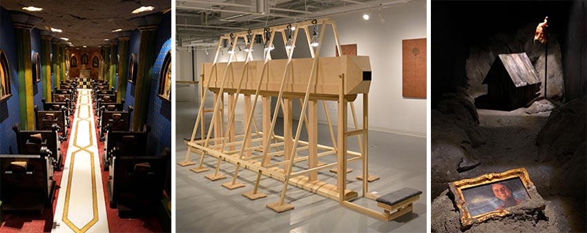 Central gallery: “Neil Before Zod: LEM/LAM”, 2018-2020, wood, elevator padding, clip lights, craft paper, incense; 6.5(h) x 5.25(w) x 12(L) feet, and left and right interior view depicting detail miniature diorama. 