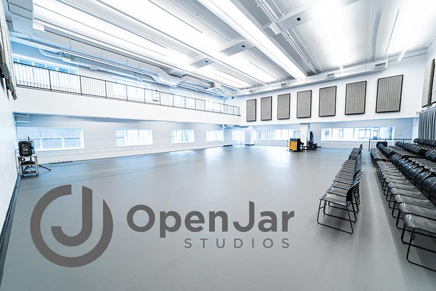 Open Jar Studios logo over a studio space