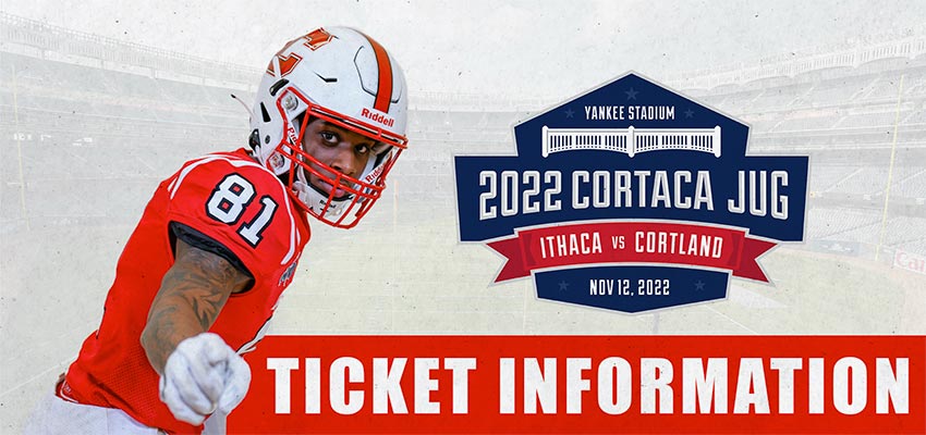 Cortland player #81 points toward the viewer. The Cortaca Jug log is superimposed over the Yankee Stadium field. Text below the logo: "Ticket Information"