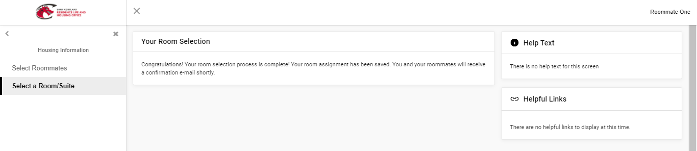 Screenshot of confirmation message received after selecting a room in room selection process